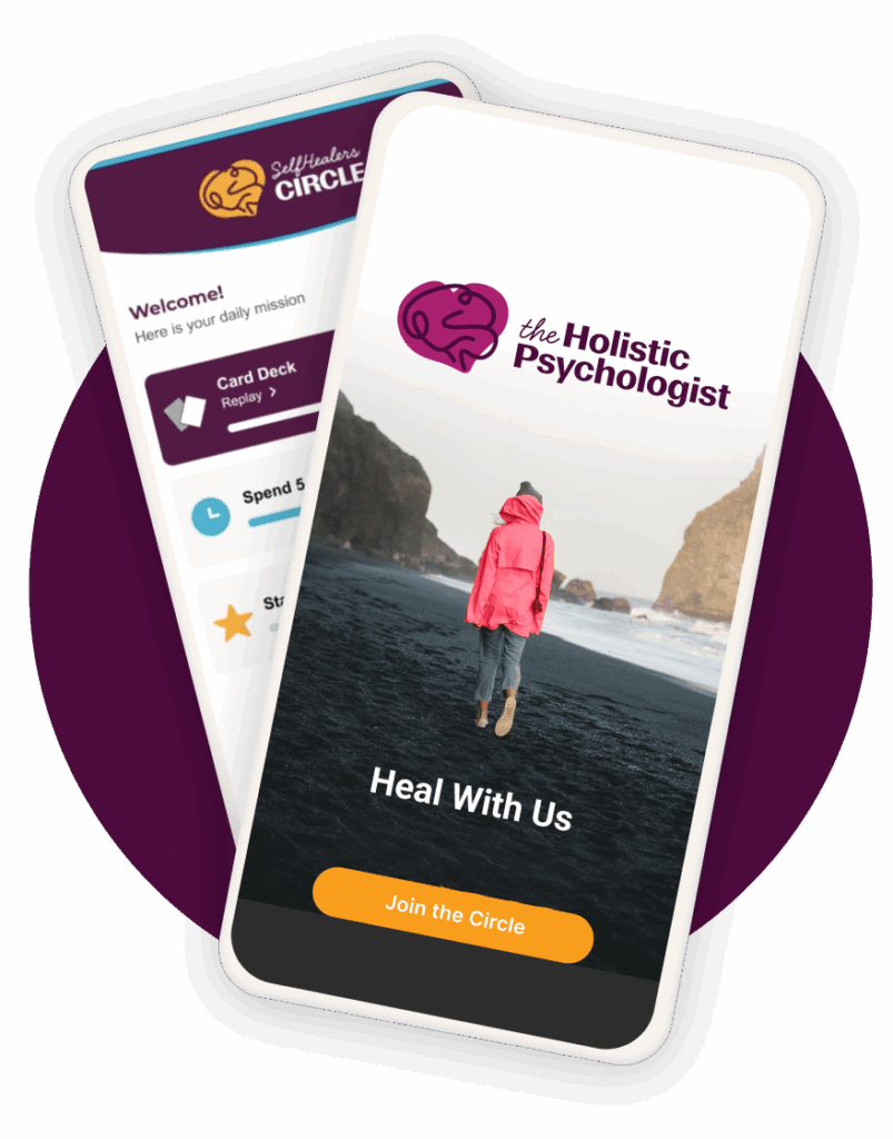 Two phones showing SelfHealers Circle app screens inside a circle of member photos.