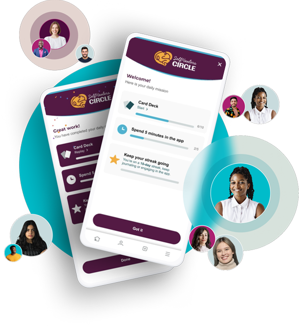 The SelfHealers Circle mobile app showing a member's daily mission, surrounded by member profile photos.
