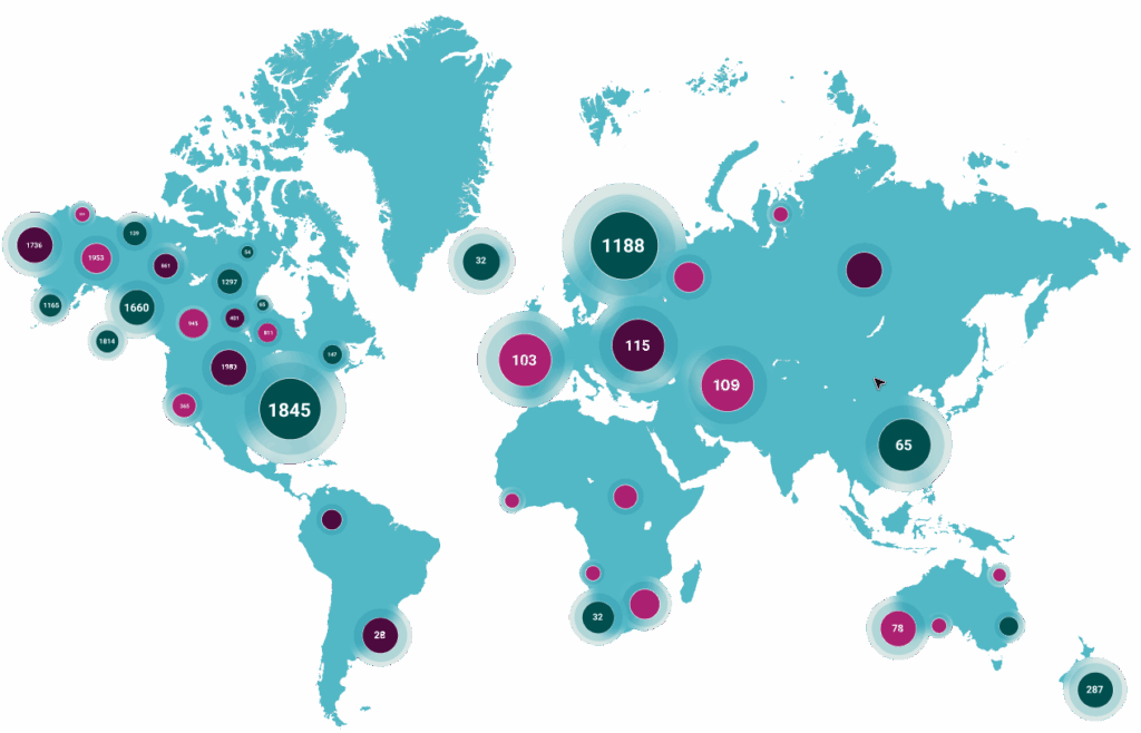 World map showing the number of SelfHealers Circle members across each continent.